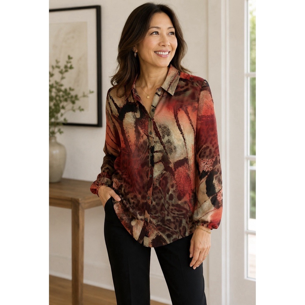 Da-Nang Boheme 100% Silk Animal Print Blouse Women's Large Red Tan Long Sleeve